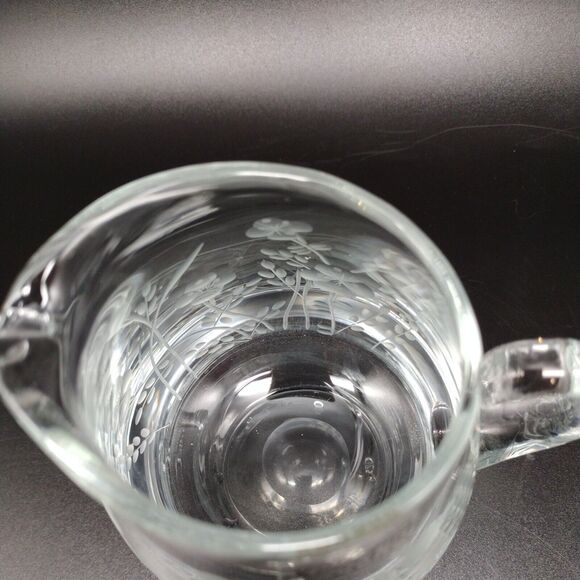 Krosno Hand Blown Etched Glass Creamer Applied Handle Floral Design Poland - Picture 7 of 10